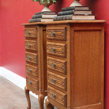 Load image into Gallery viewer, Pair of Vintage French Oak Five Drawer Chest or Lingerie Chest with Carved Detail Shaped Apron and Gilt Metal Handles. B12808
