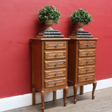 Load image into Gallery viewer, Pair of Vintage French Oak Five Drawer Chest or Lingerie Chest with Carved Detail Shaped Apron and Gilt Metal Handles. B12808
