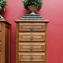 Load image into Gallery viewer, Pair of Vintage French Oak Five Drawer Chest or Lingerie Chest with Carved Detail Shaped Apron and Gilt Metal Handles. B12808
