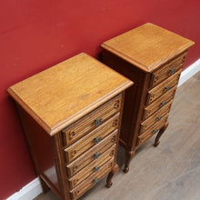 Load image into Gallery viewer, Pair of Vintage French Oak Five Drawer Chest or Lingerie Chest with Carved Detail Shaped Apron and Gilt Metal Handles. B12808
