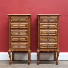 Load image into Gallery viewer, Pair of Vintage French Oak Five Drawer Chest or Lingerie Chest with Carved Detail Shaped Apron and Gilt Metal Handles. B12808
