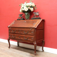 Load image into Gallery viewer, Antique French Oak Writing Bureau or Desk with Drop Front Brass Handles Key and Cabriole Legs. B12706
