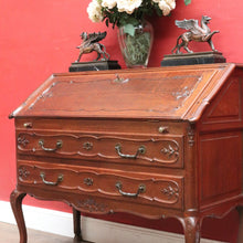 Load image into Gallery viewer, Antique French Oak Writing Bureau or Desk with Drop Front Brass Handles Key and Cabriole Legs. B12706

