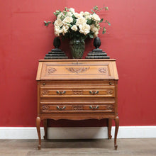 Load image into Gallery viewer, x SOLD French Oak Writing Bureau – Drop Front, Carved Detail, Brass Handles, Key. B12311
