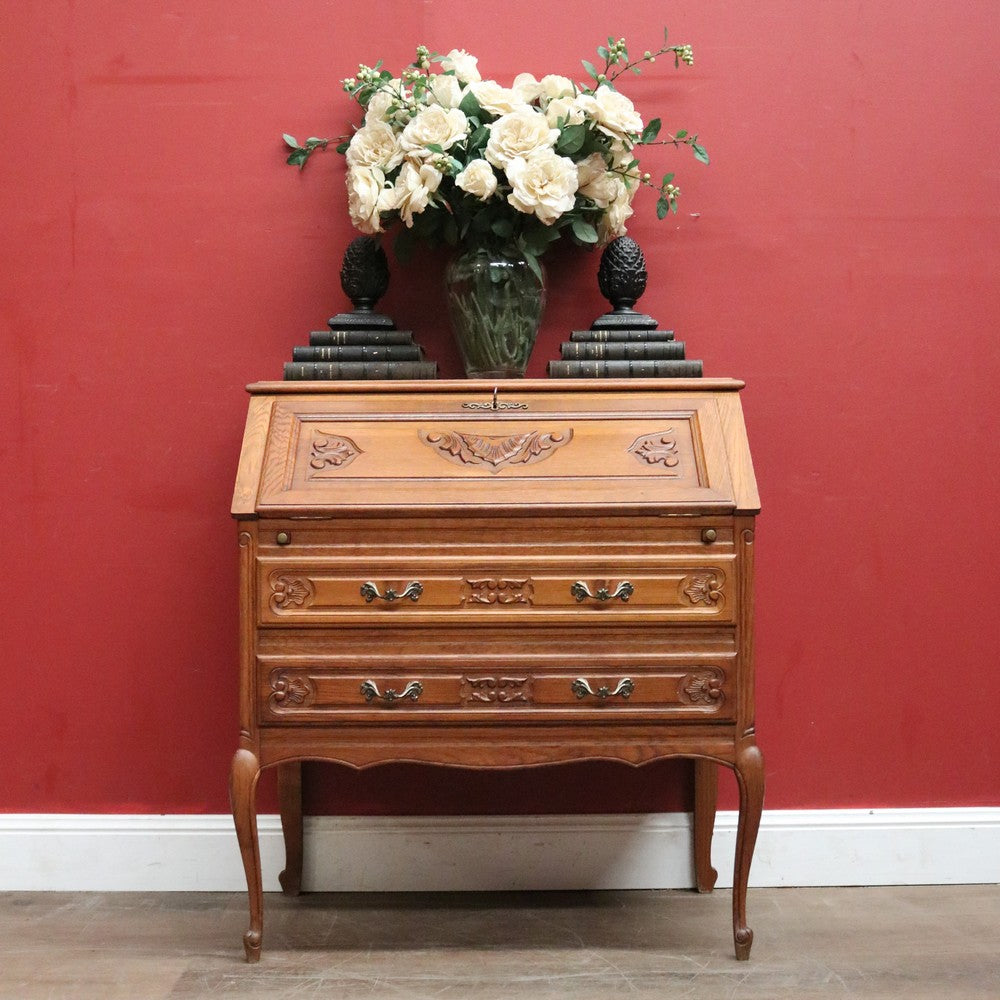 x SOLD French Oak Writing Bureau – Drop Front, Carved Detail, Brass Handles, Key. B12311