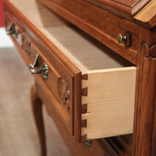 Load image into Gallery viewer, x SOLD French Oak Writing Bureau – Drop Front, Carved Detail, Brass Handles, Key. B12311
