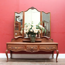 Load image into Gallery viewer, x Sold Antique French dressing table with tall bevelled tri fold mirrors and three drawers. B12729
