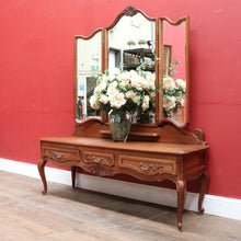 Load image into Gallery viewer, x Sold Antique French dressing table with tall bevelled tri fold mirrors and three drawers. B12729
