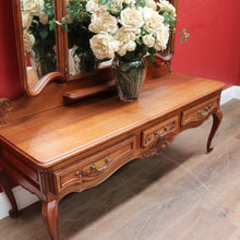 Load image into Gallery viewer, x Sold Antique French dressing table with tall bevelled tri fold mirrors and three drawers. B12729
