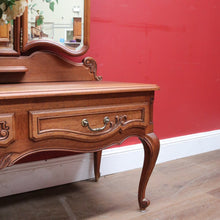 Load image into Gallery viewer, x Sold Antique French dressing table with tall bevelled tri fold mirrors and three drawers. B12729
