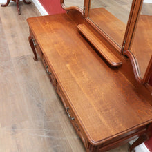 Load image into Gallery viewer, x Sold Antique French dressing table with tall bevelled tri fold mirrors and three drawers. B12729
