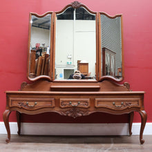 Load image into Gallery viewer, x Sold Antique French dressing table with tall bevelled tri fold mirrors and three drawers. B12729

