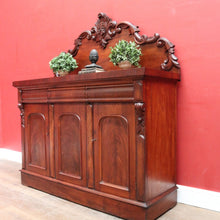 Load image into Gallery viewer, Antique Australian Cedar Three Door Sideboard with Ornately Carved Backboard. B13147
