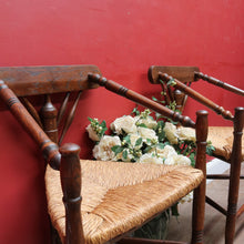 Load image into Gallery viewer, x SOLD Pair of Dutch Triangle Corner Chairs with Rush Seats and Bobbin Frames. B12905
