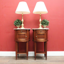 Load image into Gallery viewer, Pair of French Walnut Bedside Tables with Marble Tops – Porcelain Lined, True Left &amp; Right-Hand Design. B12290
