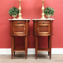 Load image into Gallery viewer, Pair of French Walnut Bedside Tables with Marble Tops – Porcelain Lined, True Left &amp; Right-Hand Design. B12290
