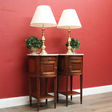 Load image into Gallery viewer, Pair of French Walnut Bedside Tables with Marble Tops – Porcelain Lined, True Left &amp; Right-Hand Design. B12290
