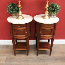 Load image into Gallery viewer, Pair of French Walnut Bedside Tables with Marble Tops – Porcelain Lined, True Left &amp; Right-Hand Design. B12290

