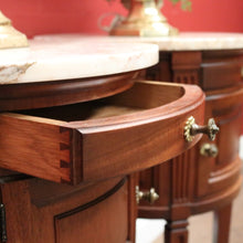 Load image into Gallery viewer, Pair of French Walnut Bedside Tables with Marble Tops – Porcelain Lined, True Left &amp; Right-Hand Design. B12290
