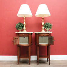 Load image into Gallery viewer, Pair of French Walnut Bedside Tables with Marble Tops – Porcelain Lined, True Left &amp; Right-Hand Design. B12290

