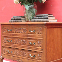 Load image into Gallery viewer, x SOLD French Antique Three Drawer Chest with Serpentine Top and Carved Motifs. B12842

