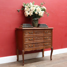 Load image into Gallery viewer, x SOLD French Antique Three Drawer Chest with Serpentine Top and Carved Motifs. B12842
