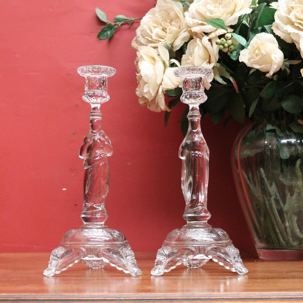 x SOLD Pair of Glass Mary & Joseph Candlestick Holders – Elegant Religious Motif. B12265
