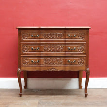Load image into Gallery viewer, x SOLD French Antique Three Drawer Chest with Serpentine Top and Carved Motifs. B12842
