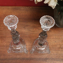 Load image into Gallery viewer, x SOLD Pair of Glass Mary &amp; Joseph Candlestick Holders – Elegant Religious Motif. B12265
