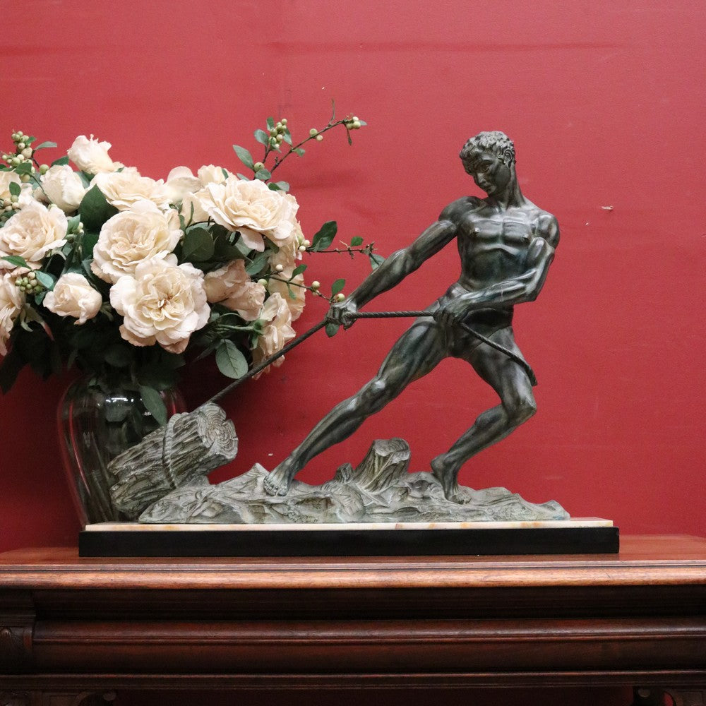 Art Deco Era Onyx & Bronze Sculpture – In the Style of Jean Marie Camus – “Man Pulling a Log” B12476