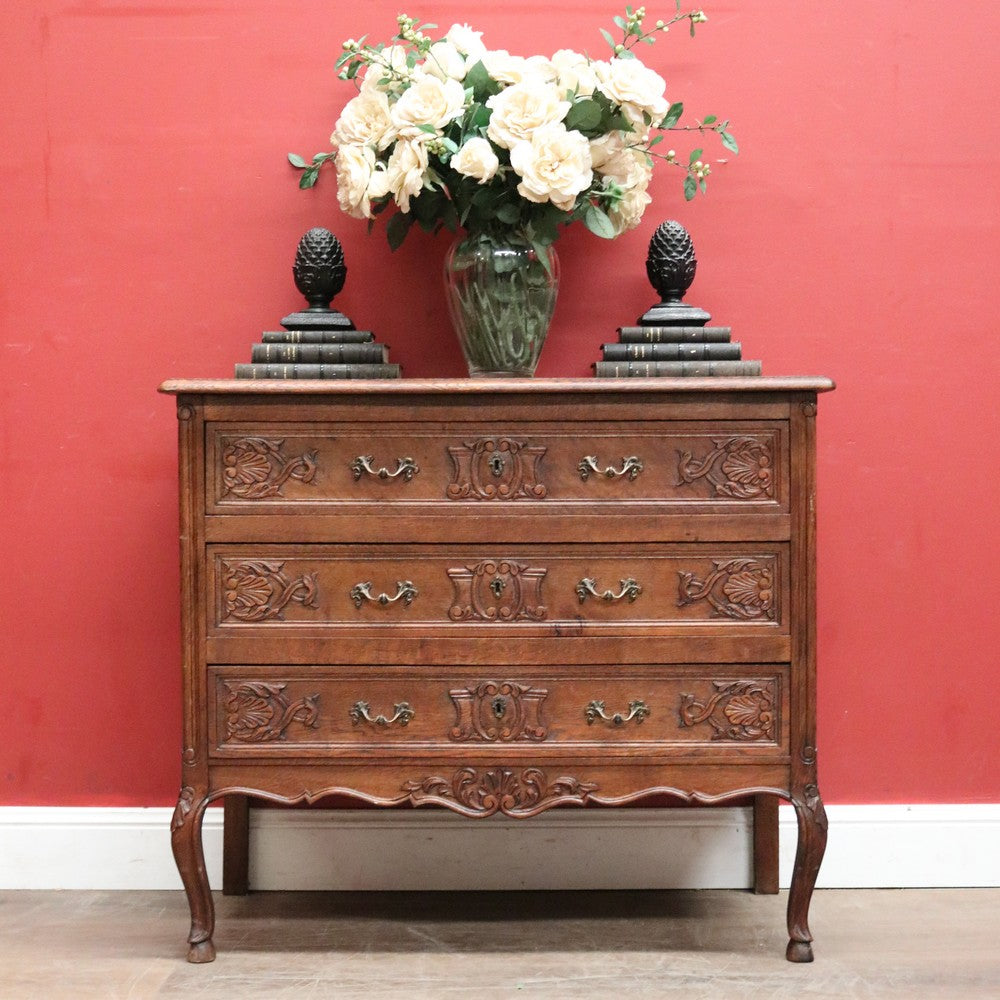 Elegant French Walnut Chest of Drawers – Carved Detail, Brass Handles, Dovetail Construction. B12327