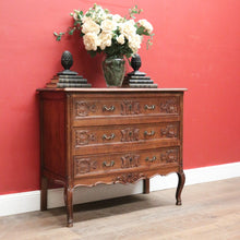Load image into Gallery viewer, Elegant French Walnut Chest of Drawers – Carved Detail, Brass Handles, Dovetail Construction. B12327
