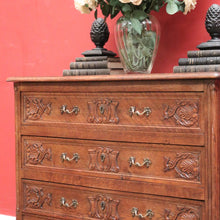Load image into Gallery viewer, Elegant French Walnut Chest of Drawers – Carved Detail, Brass Handles, Dovetail Construction. B12327
