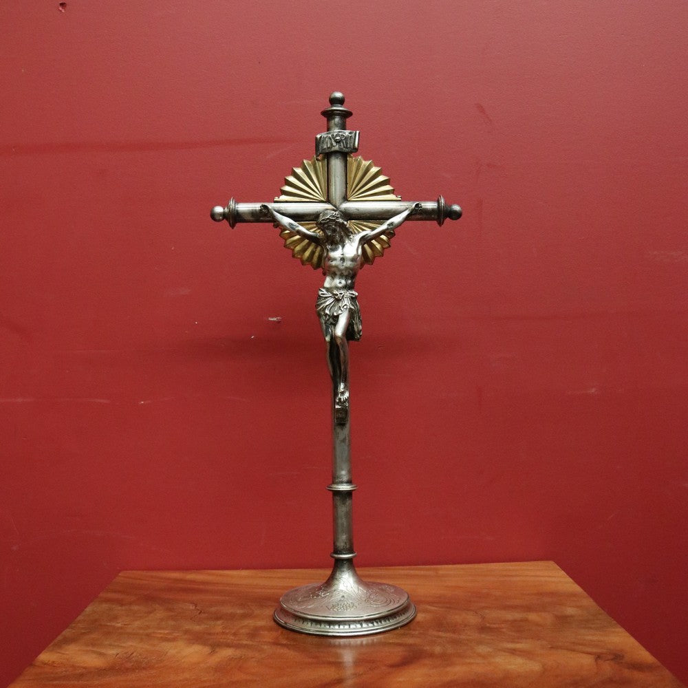 French Art Nouveau Silver-Plate & Brass Crucifix with Sunrise Motif. B12480