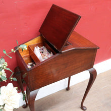 Load image into Gallery viewer, Antique English Mahogany Queen Anne Style Sewing Table with Lift Up Lid, Sliding Interior Tray and Cabriole Legs. B13163
