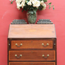 Load image into Gallery viewer, Antique Mahogany Inlaid Fall Front Writing Bureau with Fitted Interior, Three Drawers and Brass Swan Neck Handles. B13180
