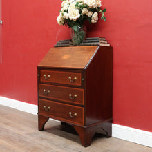 Load image into Gallery viewer, Antique Mahogany Inlaid Fall Front Writing Bureau with Fitted Interior, Three Drawers and Brass Swan Neck Handles. B13180
