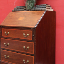Load image into Gallery viewer, Antique Mahogany Inlaid Fall Front Writing Bureau with Fitted Interior, Three Drawers and Brass Swan Neck Handles. B13180
