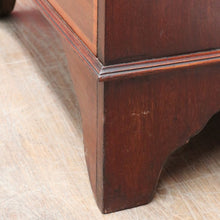 Load image into Gallery viewer, Antique Mahogany Inlaid Fall Front Writing Bureau with Fitted Interior, Three Drawers and Brass Swan Neck Handles. B13180

