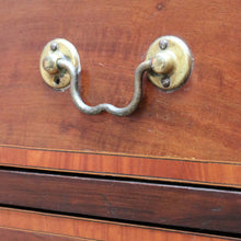 Load image into Gallery viewer, Antique Mahogany Inlaid Fall Front Writing Bureau with Fitted Interior, Three Drawers and Brass Swan Neck Handles. B13180
