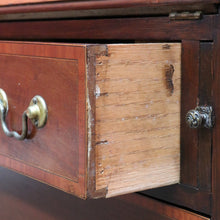 Load image into Gallery viewer, Antique Mahogany Inlaid Fall Front Writing Bureau with Fitted Interior, Three Drawers and Brass Swan Neck Handles. B13180
