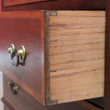 Load image into Gallery viewer, Antique Mahogany Inlaid Fall Front Writing Bureau with Fitted Interior, Three Drawers and Brass Swan Neck Handles. B13180
