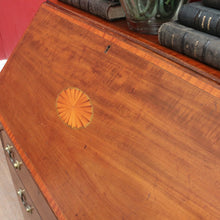 Load image into Gallery viewer, Antique Mahogany Inlaid Fall Front Writing Bureau with Fitted Interior, Three Drawers and Brass Swan Neck Handles. B13180
