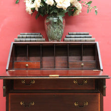 Load image into Gallery viewer, Antique Mahogany Inlaid Fall Front Writing Bureau with Fitted Interior, Three Drawers and Brass Swan Neck Handles. B13180
