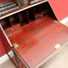 Load image into Gallery viewer, Antique Mahogany Inlaid Fall Front Writing Bureau with Fitted Interior, Three Drawers and Brass Swan Neck Handles. B13180
