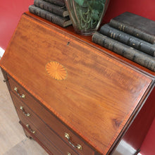 Load image into Gallery viewer, Antique Mahogany Inlaid Fall Front Writing Bureau with Fitted Interior, Three Drawers and Brass Swan Neck Handles. B13180
