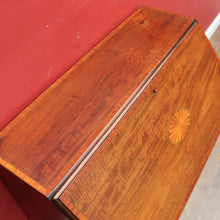 Load image into Gallery viewer, Antique Mahogany Inlaid Fall Front Writing Bureau with Fitted Interior, Three Drawers and Brass Swan Neck Handles. B13180
