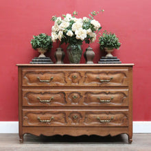 Load image into Gallery viewer, x SOLD Antique French Oak Carved front 3 Three Drawer Chest of Bedroom Drawers Brass handles B12819
