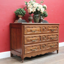 Load image into Gallery viewer, x SOLD Antique French Oak Carved front 3 Three Drawer Chest of Bedroom Drawers Brass handles B12819
