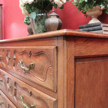 Load image into Gallery viewer, x SOLD Antique French Oak Carved front 3 Three Drawer Chest of Bedroom Drawers Brass handles B12819
